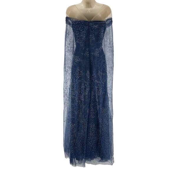 Marchesa Notte Tulle Overlay Cape Embellished Gown Blue Size 0 - Picture 9 of 11